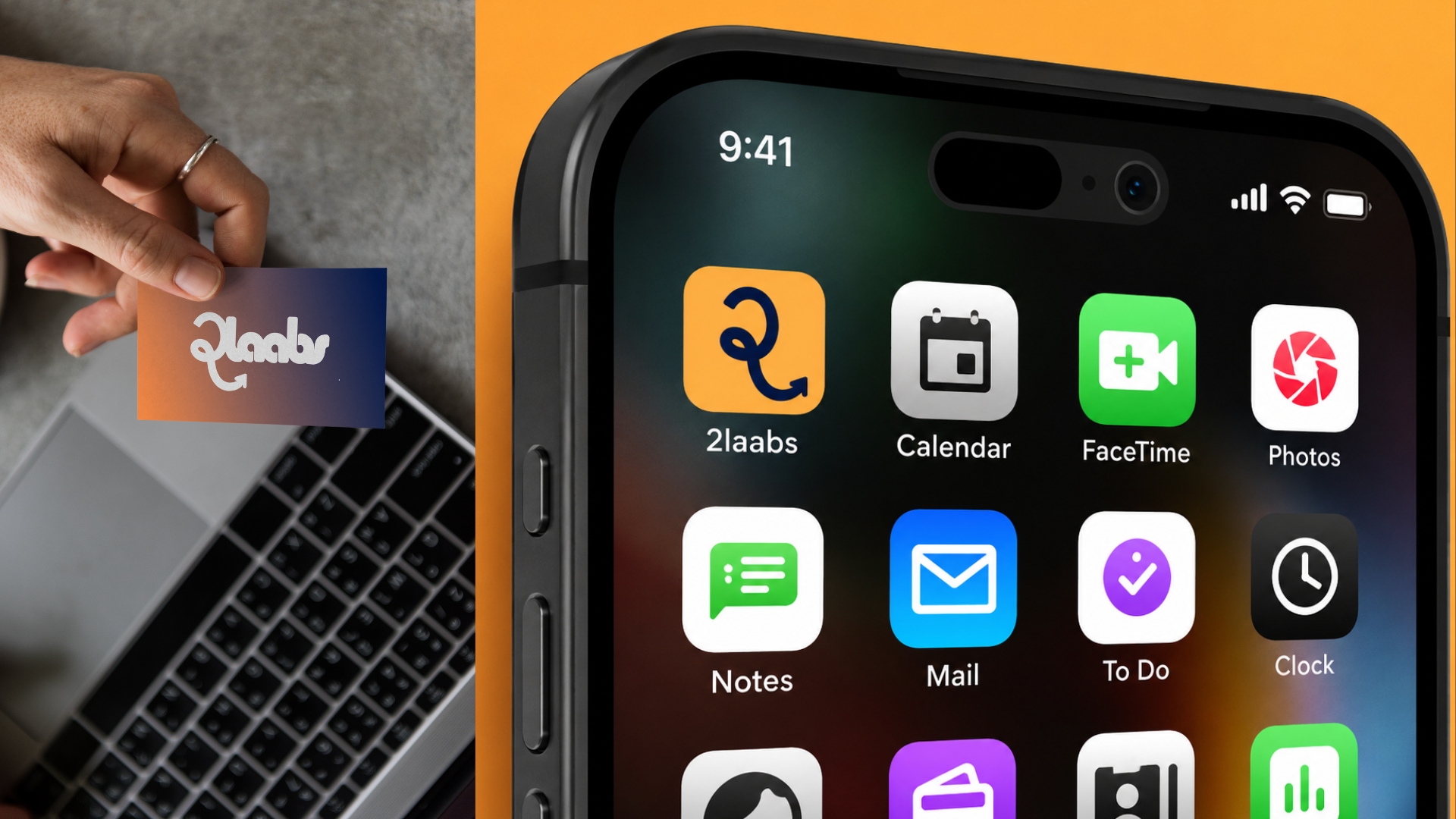 Tarjeta de presentación de 2laabs sobre un portátil y el ícono de la app en la pantalla de inicio de un teléfono