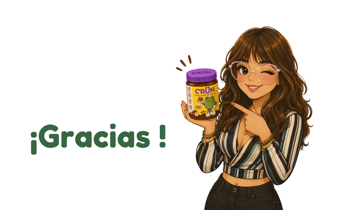 Cloe guiña un ojo sosteniendo un frasco de Crün junto al texto «¡Gracias!»