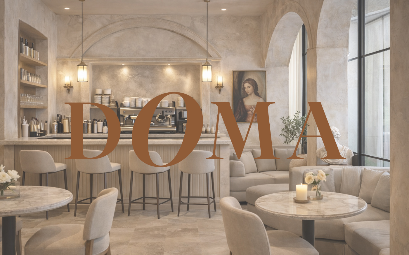 Identidad visual de DOMA: logotipo en cobre sobre una cafetería de inspiración renacentista