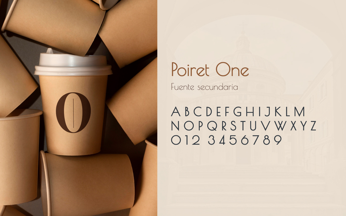 Tipografía secundaria Poiret One junto a un vaso kraft con el isotipo de DOMA