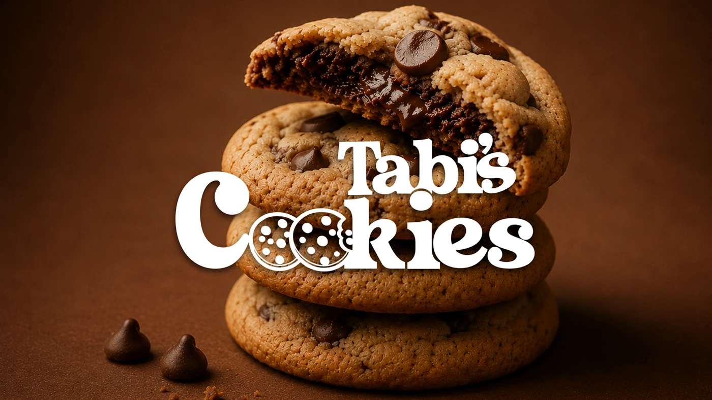 Identidad visual de Tabi's Cookies: logotipo sobre una torre de galletas artesanales con chispas de chocolate