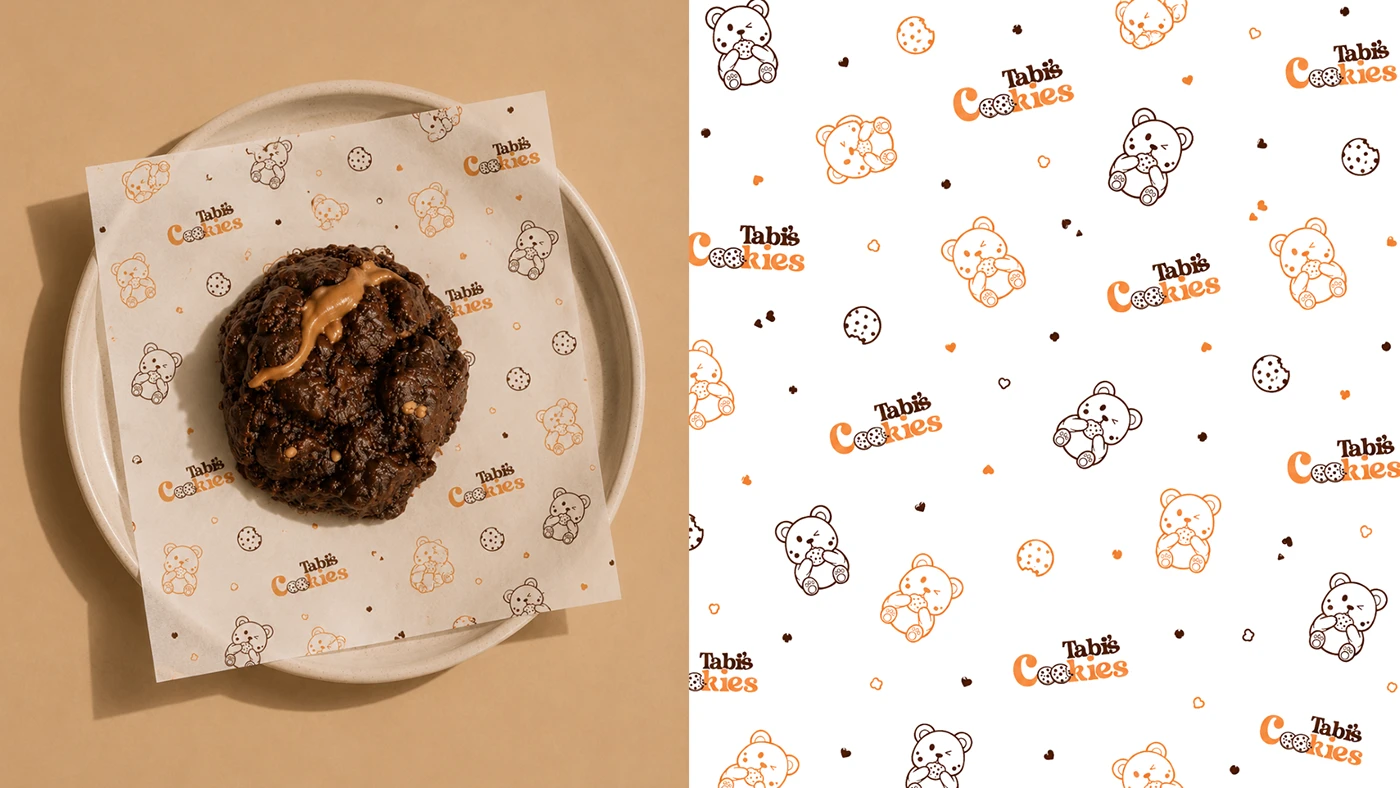 Papel encerado con el patrón de marca de Tabi's Cookies y el patrón completo con ositos, galletas y corazones