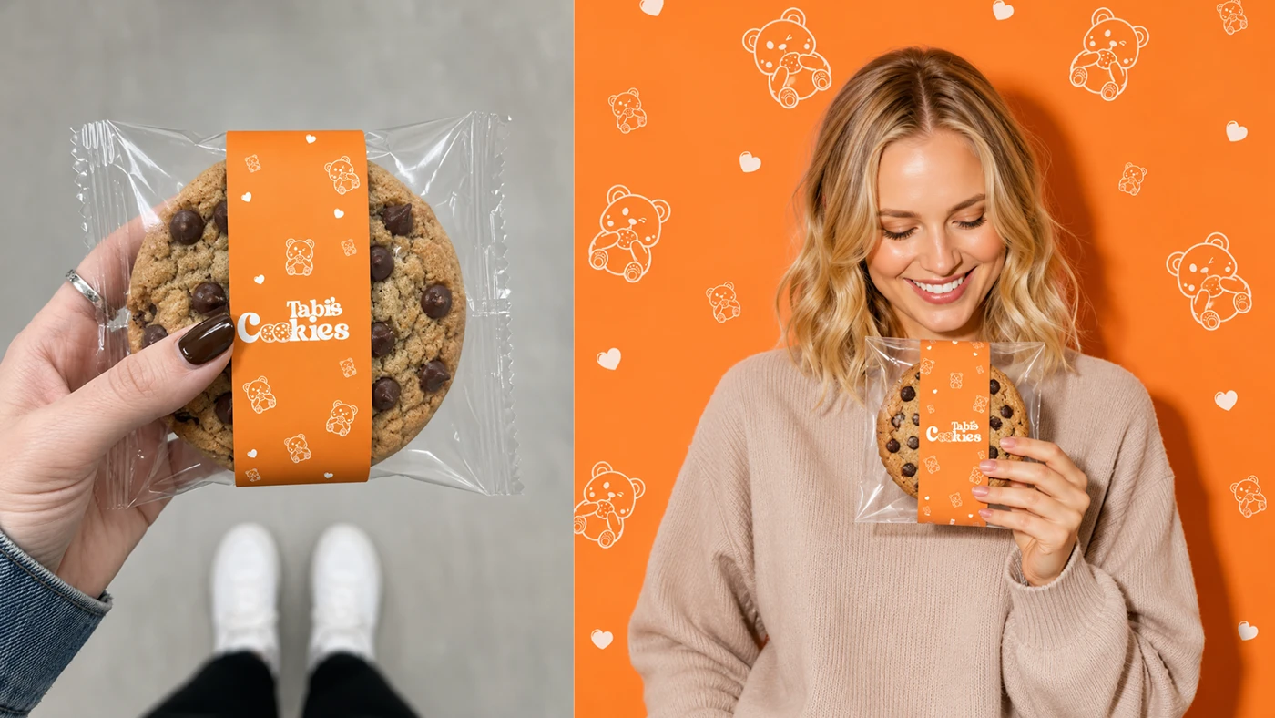 Empaque individual con faja naranja de Tabi's Cookies y una clienta sosteniendo la galleta sobre el patrón de marca